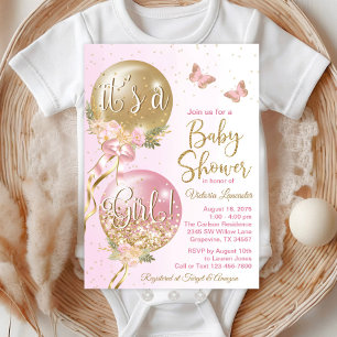 Pink Gold Balloons Butterfly Baby Shower Invitation