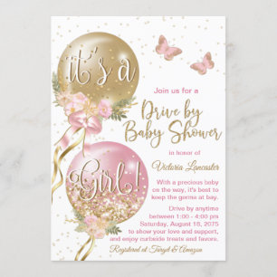 Pink Gold Balloons Butterfly Covid Baby Shower Invitation