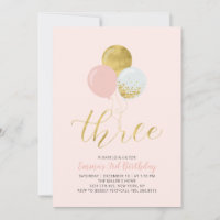 Pink & Gold Balloons | Girl 3rd Birthday Party Inv