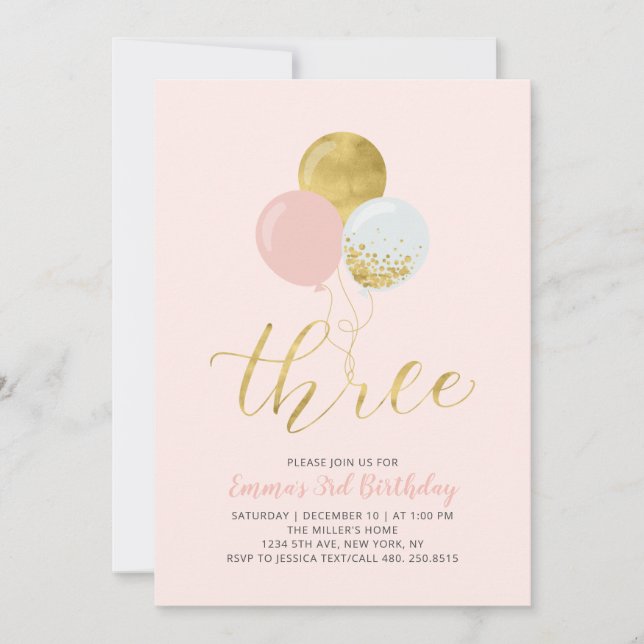 Pink & Gold Balloons | Girl 3rd Birthday Party Inv Invitation (Front)