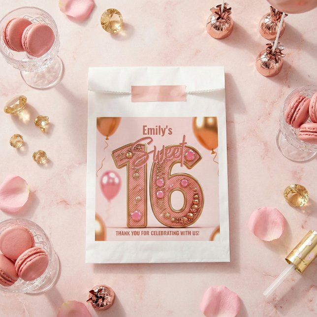 Pink Gold Balloons Glam Sweet 16 Birthday Party Favour Bag (Creator Uploaded)
