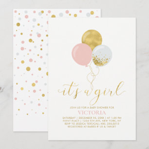 Pink & Gold Balloons   It's a Girl Baby Shower Invitation