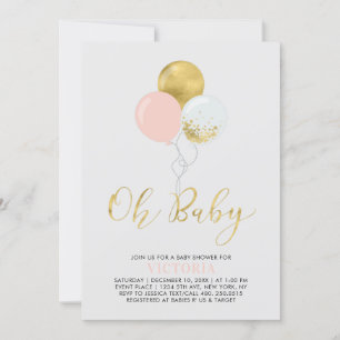 Pink & Gold Balloons   Oh Baby Girl Baby Shower Invitation