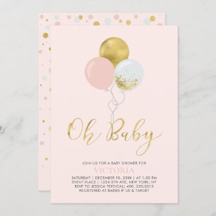 Pink & Gold Balloons Oh Baby Girl Baby Shower Invitation