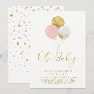 Pink & Gold Balloons Oh Baby Girl Baby Shower Invitation