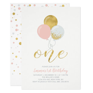 Pink & Gold Balloons | One 1st Girl Birthday Party Invitation