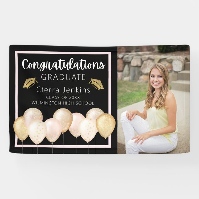 Pink Gold Balloons Photo Graduation Black Banner (Horizontal)