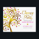 Pink Gold Bat Mitzvah Change of Plans Tree of Life Invitation Postcard<br><div class="desc">Make sure all your friends and relatives will still be able to celebrate your daughter’s milestone Bat Mitzvah, regardless of current global unforeseen circumstances. Send out this stunning, graphic faux gold foil tree with sparkly pink, orange, and red Star of David and dot “leaves” on a white background, personalised “Change...</div>