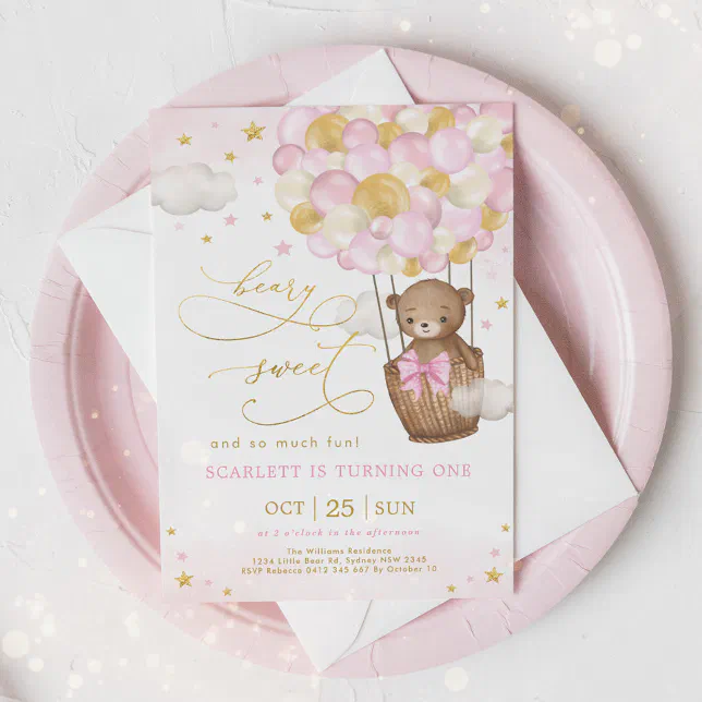 Pink Gold Bear Hot Air Balloon Girl 1st Birthday Invitation | Zazzle