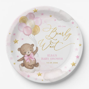 Pink Gold Bear with Balloons Starry Sky Baby Girl Paper Plate