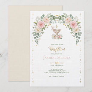Pink Gold Beige Floral Dove Girl Baptism Invitation