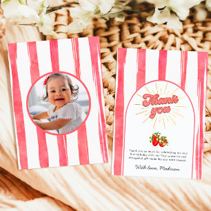 Pink Gold Berry 1st Birthday Photo Red Strawberry Thank You Card