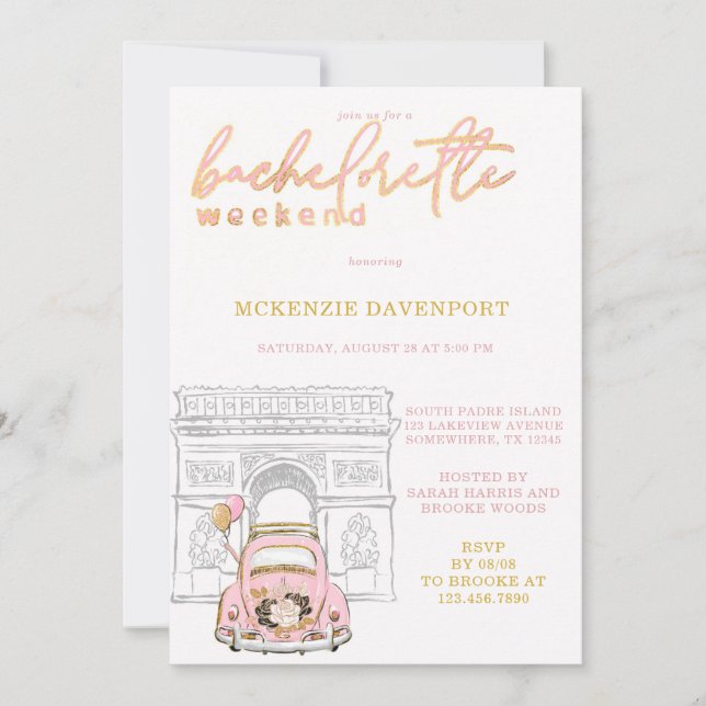 Pink Gold Black Car Bachelorette Weekend Invitation (Front)