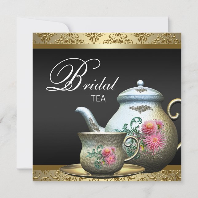 Pink Gold Black Damask Tea Cup Bridal Shower Invitation (Front)
