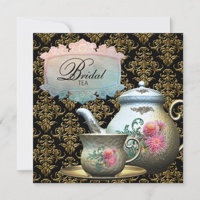 Pink Gold Black Damask Tea Cup Bridal Shower Invitation (Front)