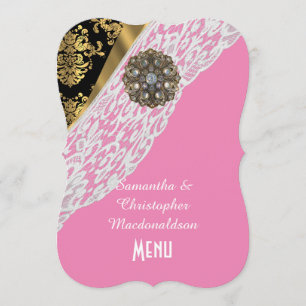 Pink gold black damask white lace wedding menu