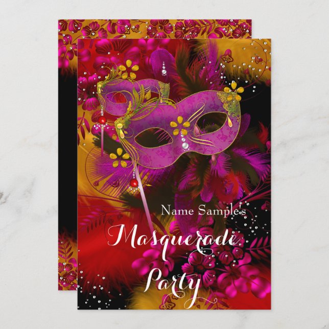 Pink Gold Black Floral Masquerade Birthday Party Invitation (Front/Back)