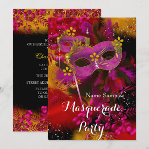 Pink Gold Black Floral Masquerade Birthday Party Invitation