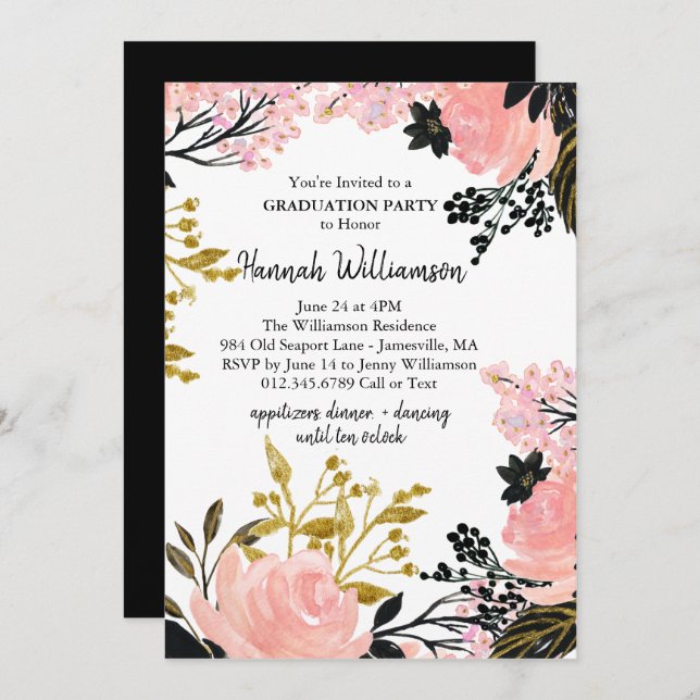 Pink, Gold, & Black Graduation Party Invitations (Front/Back)