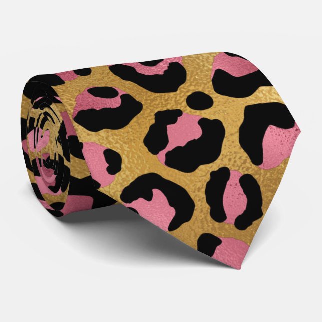 Pink gold black leopard print animal skin chic tie (Rolled)