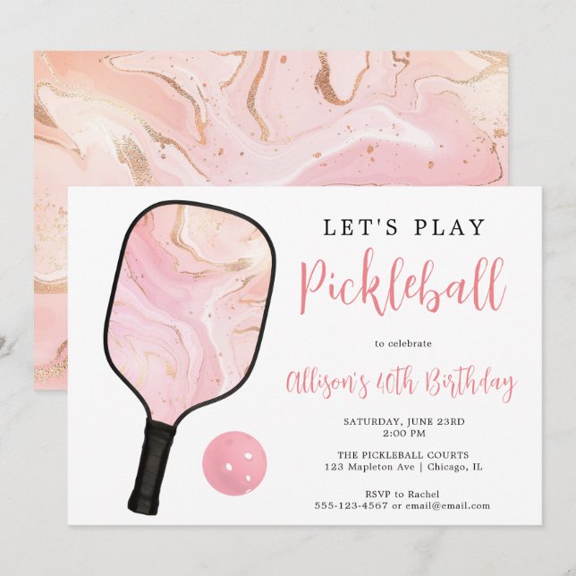 Pink gold black Pickleball birthday party Invitation (Front/Back)