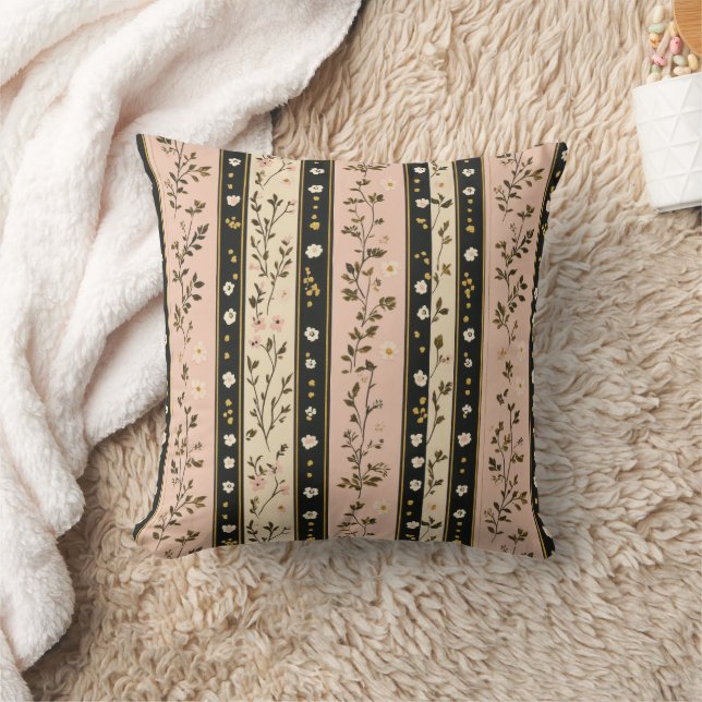 Pink Gold Black Stripes Florals  Cushion (Blanket)