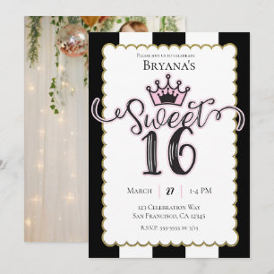 Pink Gold Black Sweet 16 Photo Birthday Party Invitation