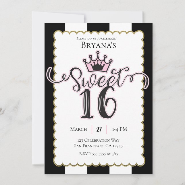 Pink Gold Black Sweet 16 Striped Birthday Party Invitation (Front)
