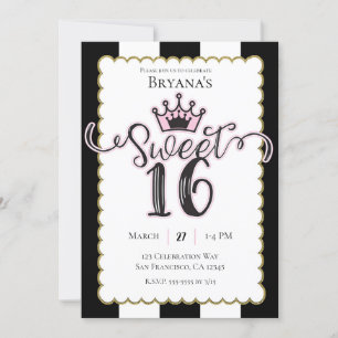 Pink Gold Black Sweet 16 Striped Birthday Party Invitation