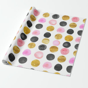 Pink Gold & Black Watercolor Paint Dots Pattern Wrapping Paper