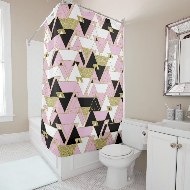 Pink Gold Black White Boho Glam Triangles Pattern  Shower Curtain (In Situ)
