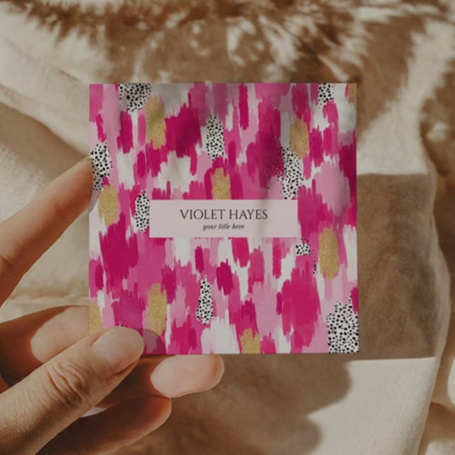 Pink Gold Black White Polka Dot Brush Stroke Square Business Card (Creator Uploaded)
