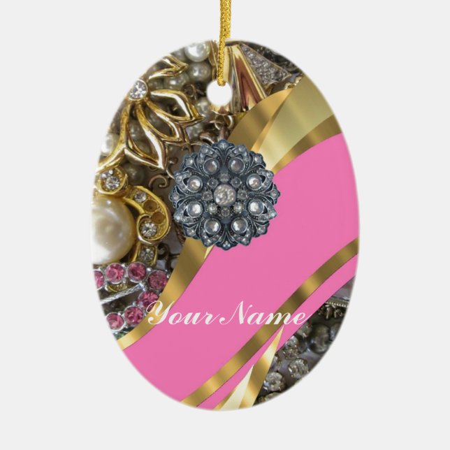 Pink & gold bling ceramic tree decoration (Front)