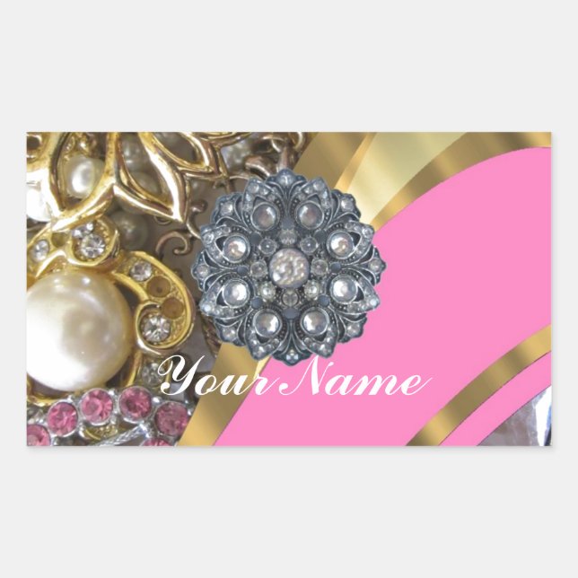 Pink & gold bling rectangular sticker (Front)