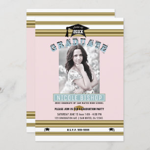 Pink Gold Blue Elegant Photo Graduation Party Invitation