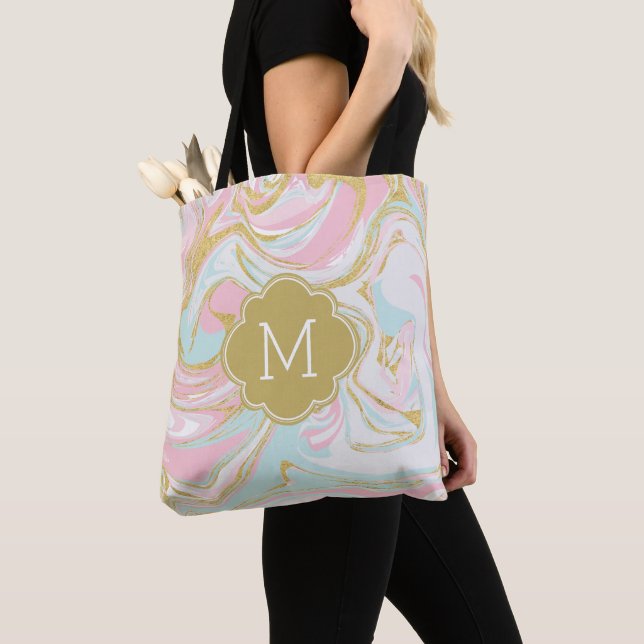 Pink Gold Blue Ink Marble Monogrammed Tote Bag (Close Up)