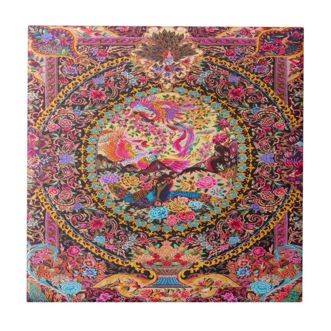 Pink Gold Blue Persian Floral Flowers Peacock Art Ceramic Tile (Front)