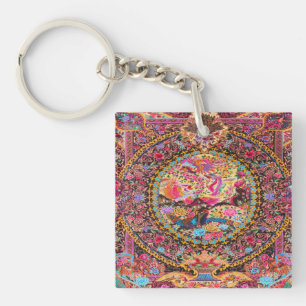 Pink Gold Blue Persian Floral Flowers Peacock Art Key Ring