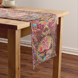 Pink Gold Blue Persian Floral Flowers Peacock Art Long Table Runner