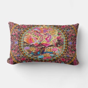 Pink Gold Blue Persian Floral Flowers Peacock Art Lumbar Cushion