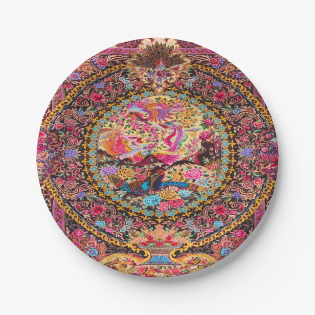 Pink Gold Blue Persian Floral Flowers Peacock Art Paper Plate (Front)