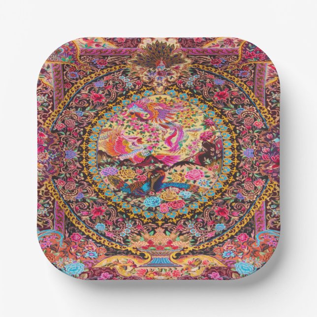 Pink Gold Blue Persian Floral Flowers Peacock Art Paper Plate (Front)