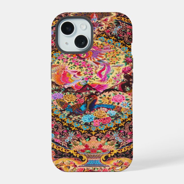 Pink Gold Blue Persian Floral Flowers Peacock iPhone 15 Case (Back)