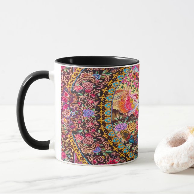 Pink Gold Blue Persian Floral Flowers Peacock Mug (With Donut)