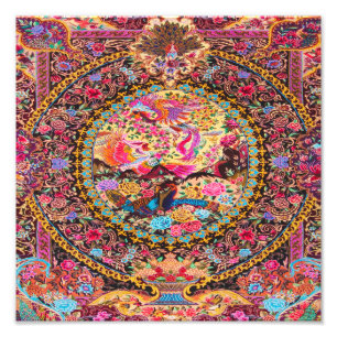 Pink Gold Blue Persian Floral Flowers Peacock  Photo Print