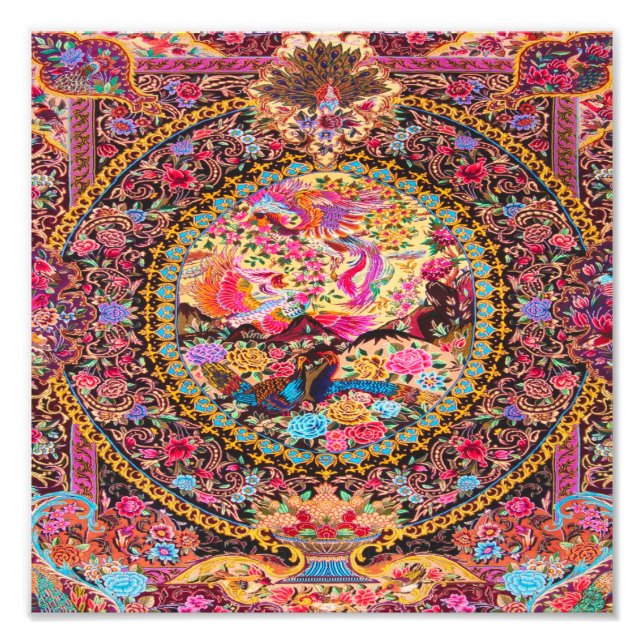 Pink Gold Blue Persian Floral Flowers Peacock  Photo Print (Front)