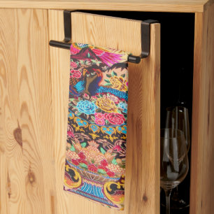 Pink Gold Blue Persian Floral Flowers Peacock Tea Towel