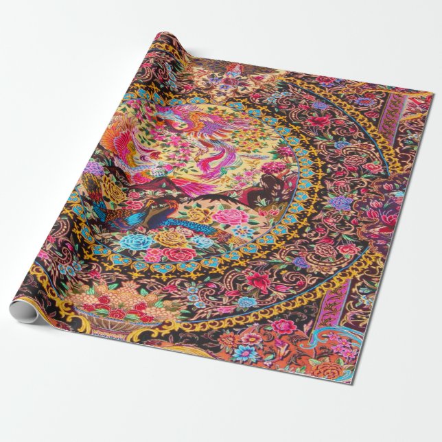 Pink Gold Blue Persian Floral Peacock Decoupage  Wrapping Paper (Unrolled)