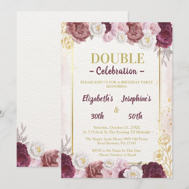 Pink Gold Blush Adult Joint Double Birthday Party  Invitation (Front/Back)