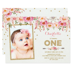Pink Gold Boho Floral First 1st Birthday Invite